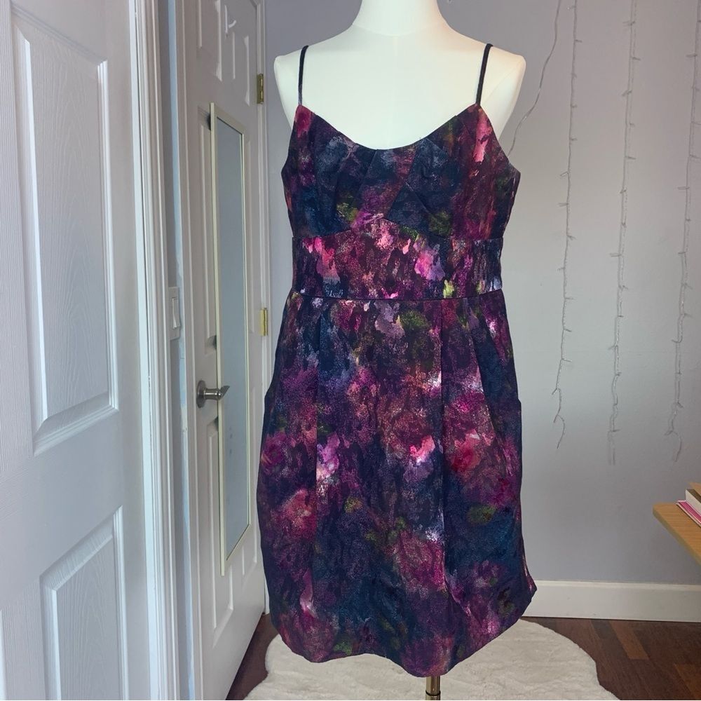 Nanette Lepore Watercolor Purple Pink Sateen Fit & Flare Dress Size 10